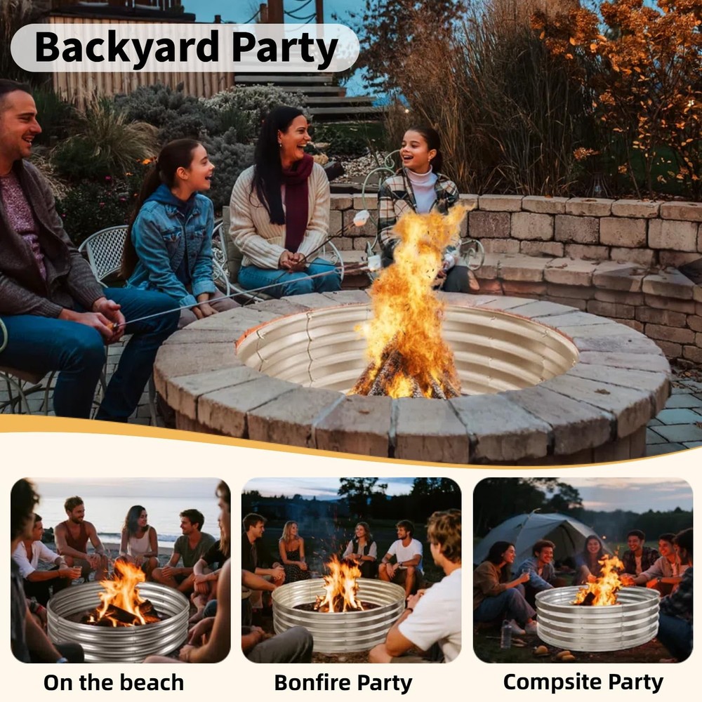 48 Inch Round Galvanized Fire Pit Ring, Durable Steel Bonfire 4FT, Silver