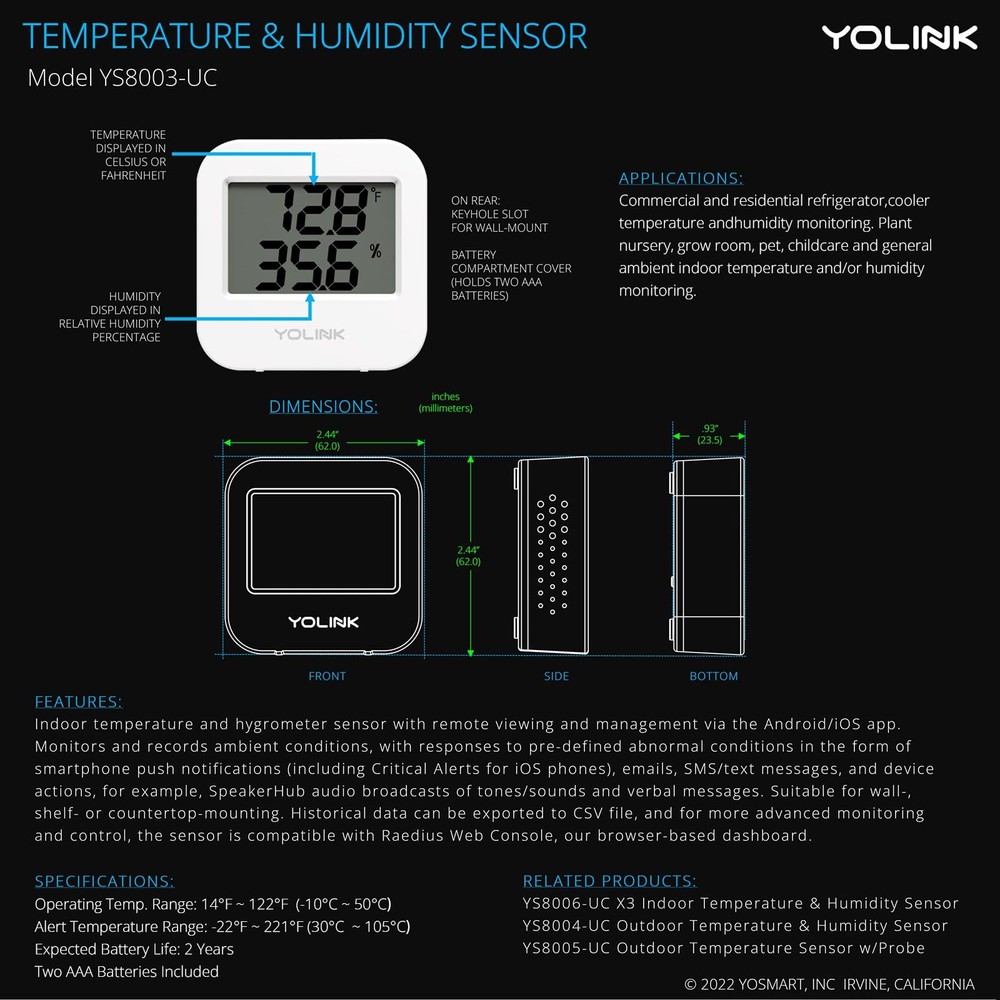 YoLink Smart Wireless Temperature & Humidity Sensor, 3-Pack, Wide Temp Range ...