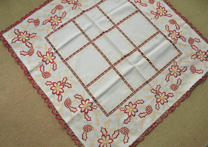 Elegant Beige Embroidered Polyester Square Tablecloth Xmas 33" Cutwork