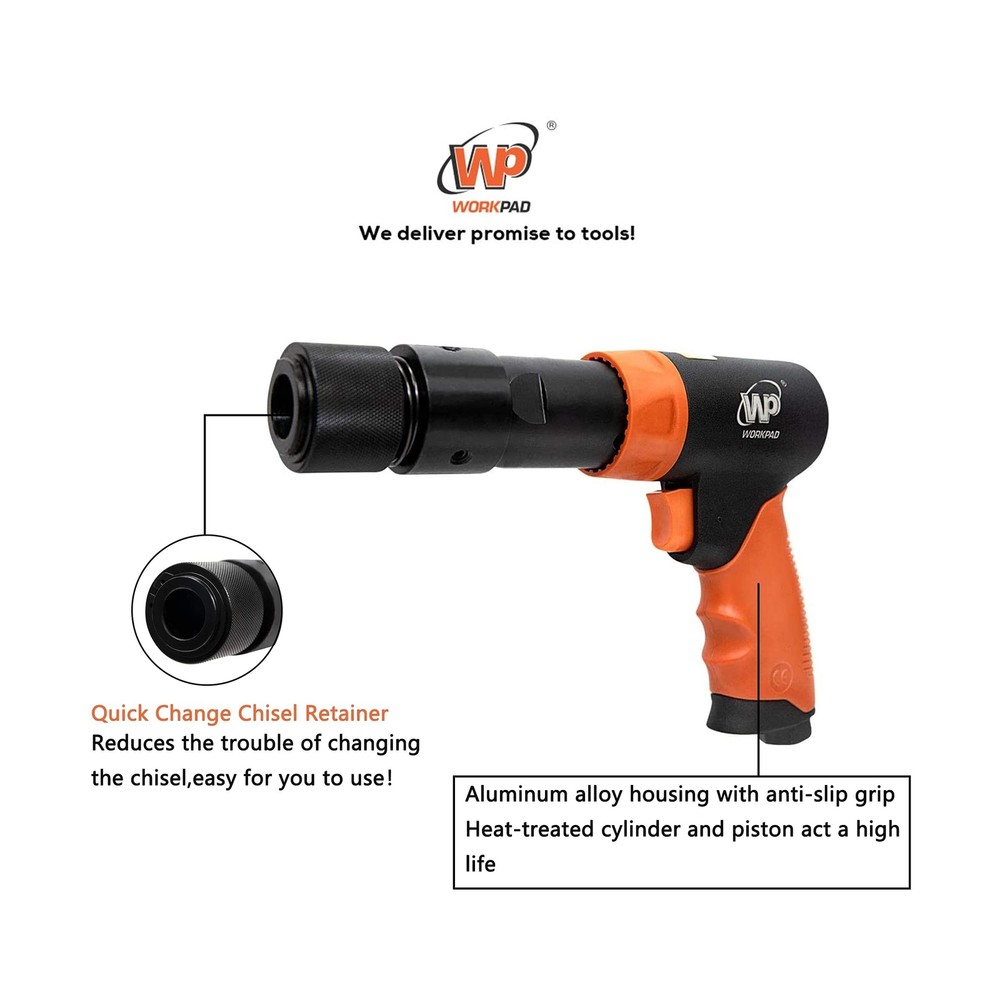 WORKPAD 190mm Long Barrel Air Hammer with Quick Change Chisel Retainer and 4-...