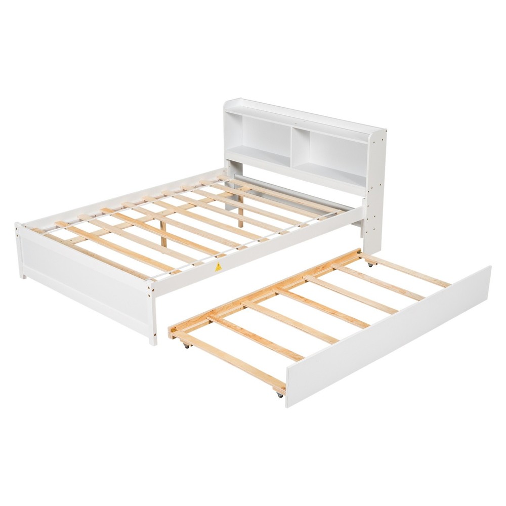 Full Size Bed Frame Wood Platform Bed with Trundle & Storage Headboard