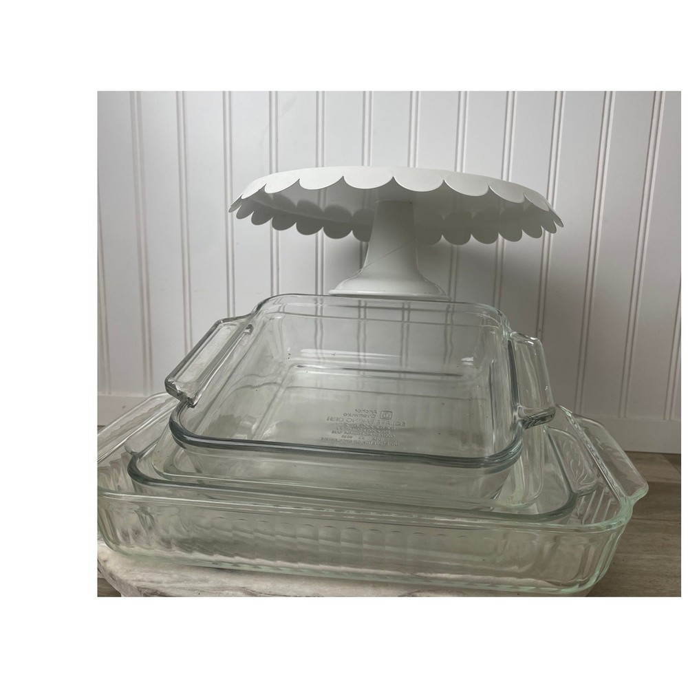 Pyrex VTG Borosilicate Bakeware Set 5pc Anchor Hocking Cake Stand Clear White