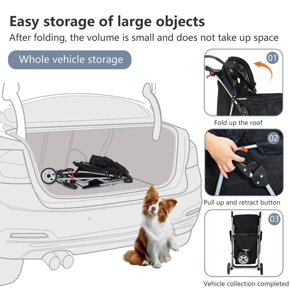 Luxury 3-Wheel Pet Stroller - Foldable Dog & Cat Stroller with Storage Basket