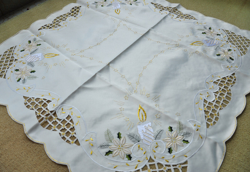 Gorgerous Ivory Embroidered Polyester Square Tablecloth Xmas 33" Cutwork