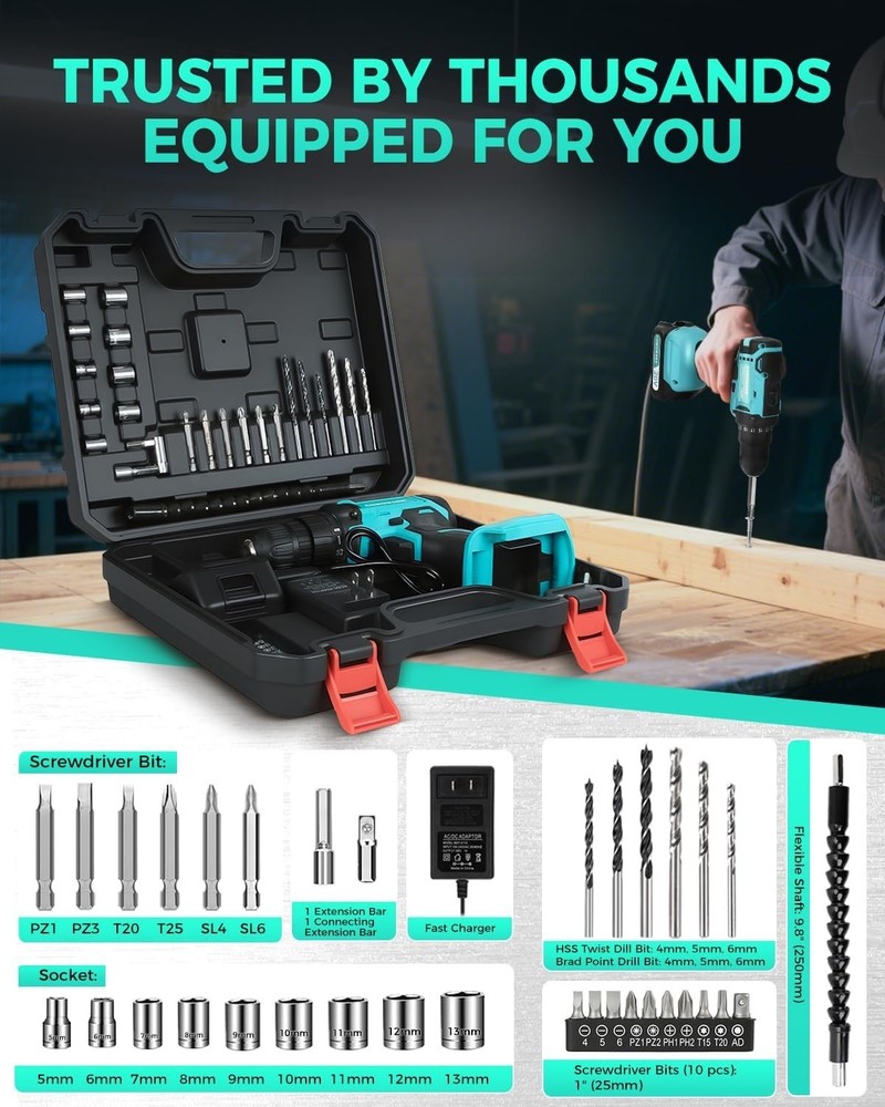 High-Power 20V Cordless Drill with LED Light & Adjustable Torque Control