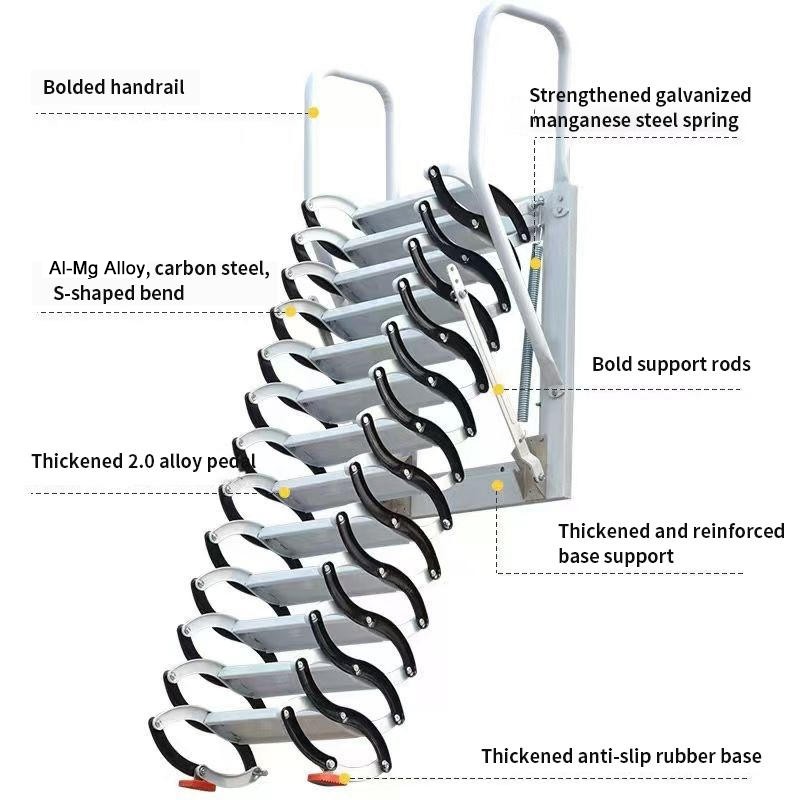10ft Wall Mounted Folding Ladder Loft Stairs Attic Steps Pull Down + armrest
