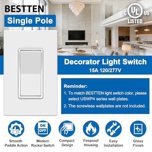 Pack Decorator Wall Light Switch, 15A 120/277V, Paddle Light Single Pole 10