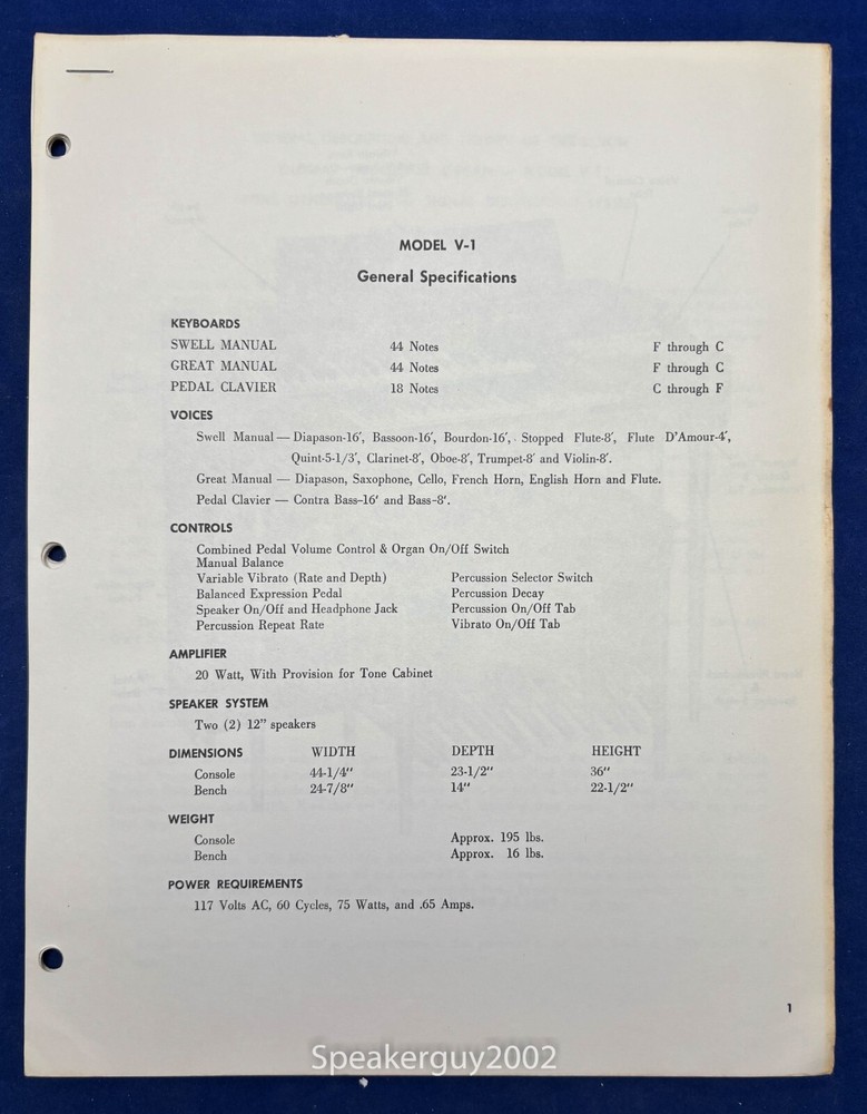 Original Thomas Organ Service Manual / V-1