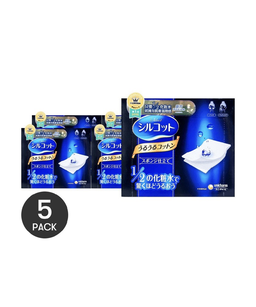 Unicharm Silcot Uruuru Sponge Touch Moisturizing Cotton (40 Sheets) - 5 Pack