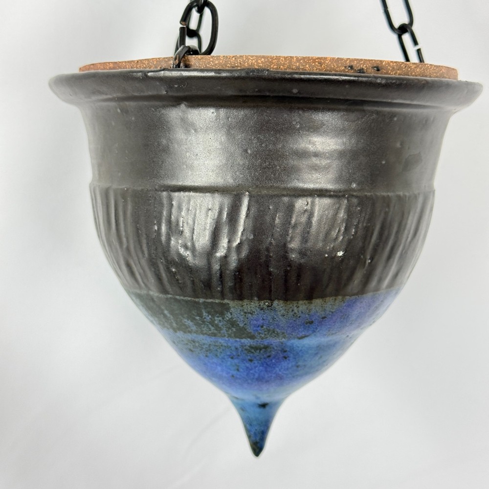 Studio Pottery Hanging Planter Blue Black Glaze REZ Signed