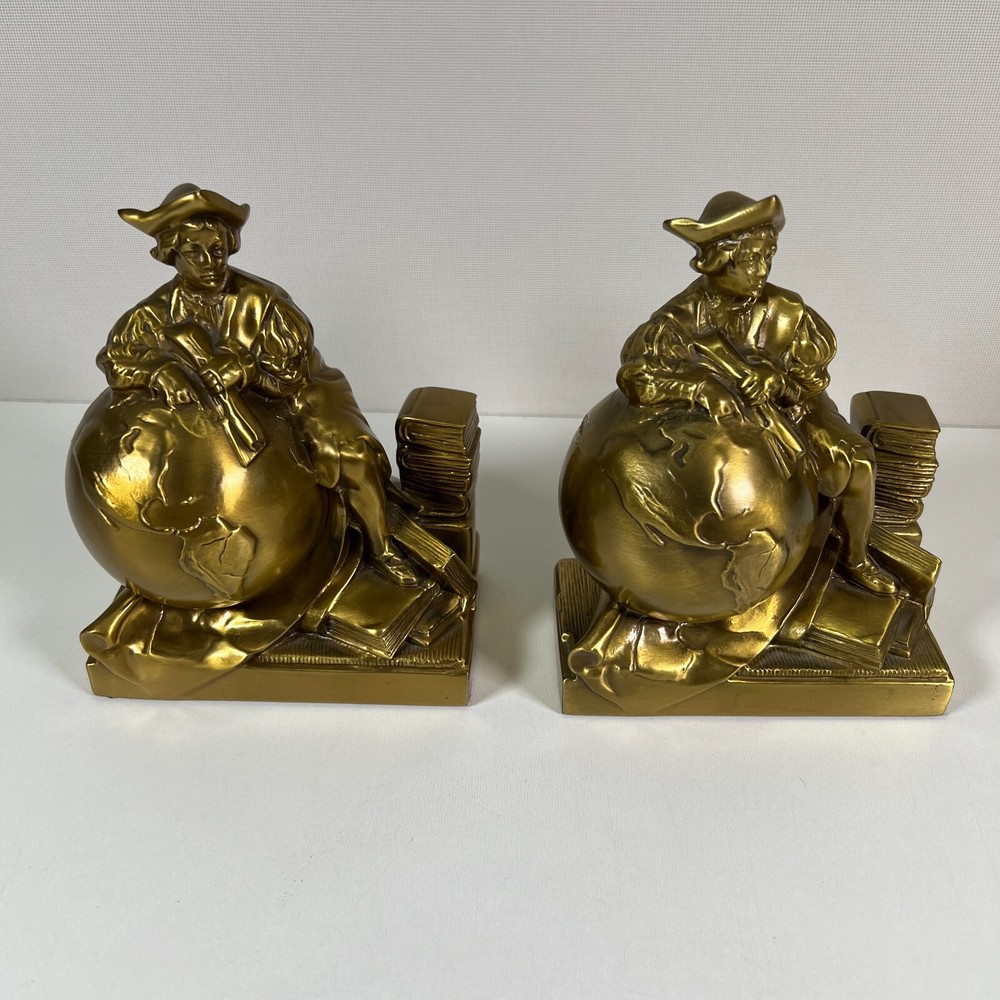 Vtg Craftsman Brass Christopher Columbus Colonial Bookend Figure Sculpture Set