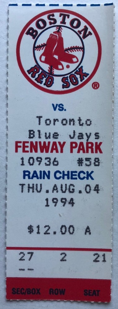 1994 August Boston Baseball Magazine/Program, Blue Jays Series Insert and Ticket