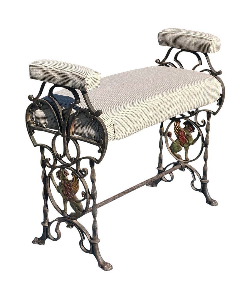 ANTIQUE ART DECO CAST IRON VANITY WINDOW BENCH WITH POLYCHROME GRIFFIN ELEMENTS