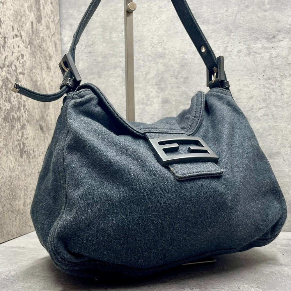 FENDI Mamma Baguette Shoulder Bag Cotton Gray  Auth