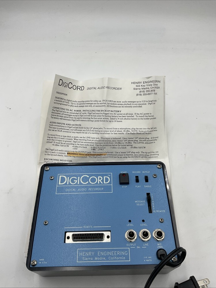 Henry Engineering DigiCord Digital Audio Recorder!!! S1