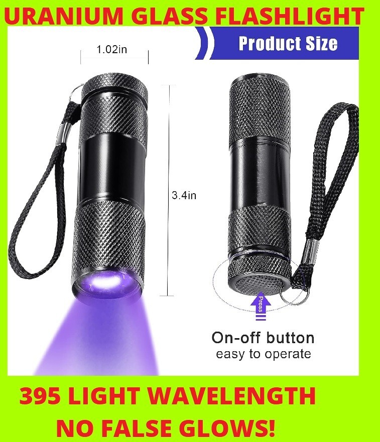 URANIUM GLASS HUNTER FLASHLIGHT U/V 395 WAVELENGTH vaseline depression