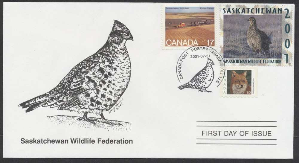 2001 Saskatchewan Wildlife Federation FDC #SW12d Sharp Tailed Grouse