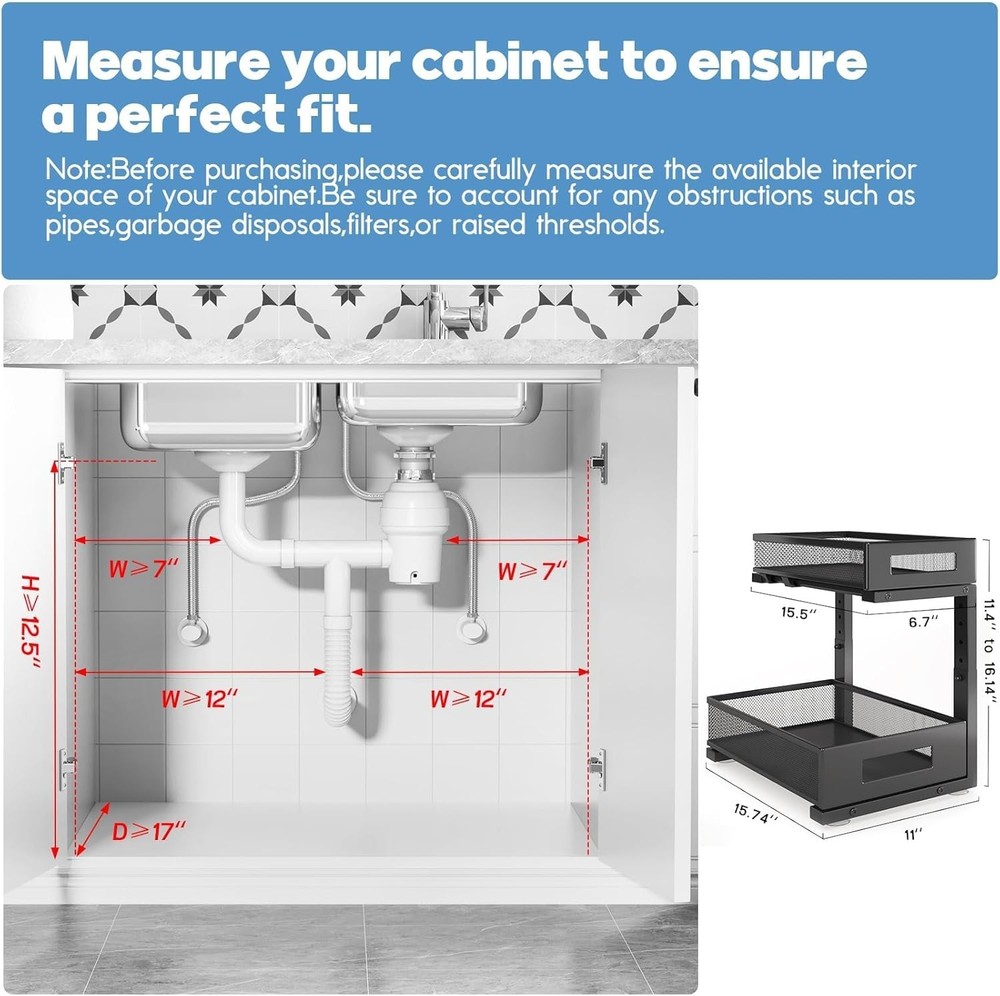 2-Pack Under Sink Storage Organizer Large 2-Tier Elegant Mesh Pull Out Shelf