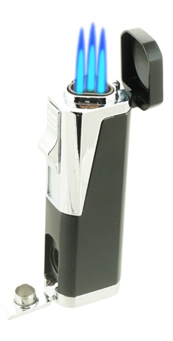 Triple Flame Cigar Torch Lighter with Cigar Punch Cutter Black W/ Gift Box