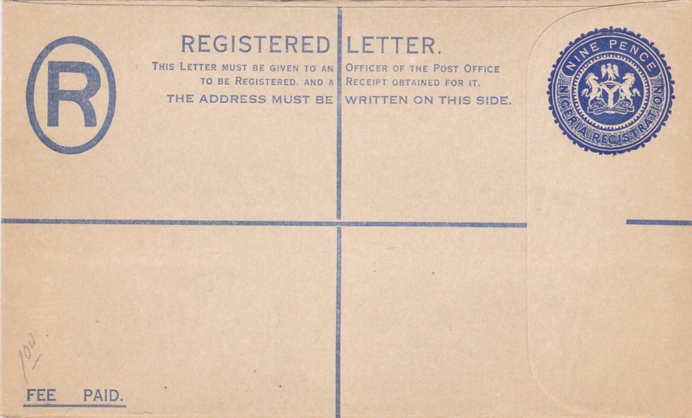 Nigeria C1930s Unused Registered Envelope 9 Pence Embossed Stamp