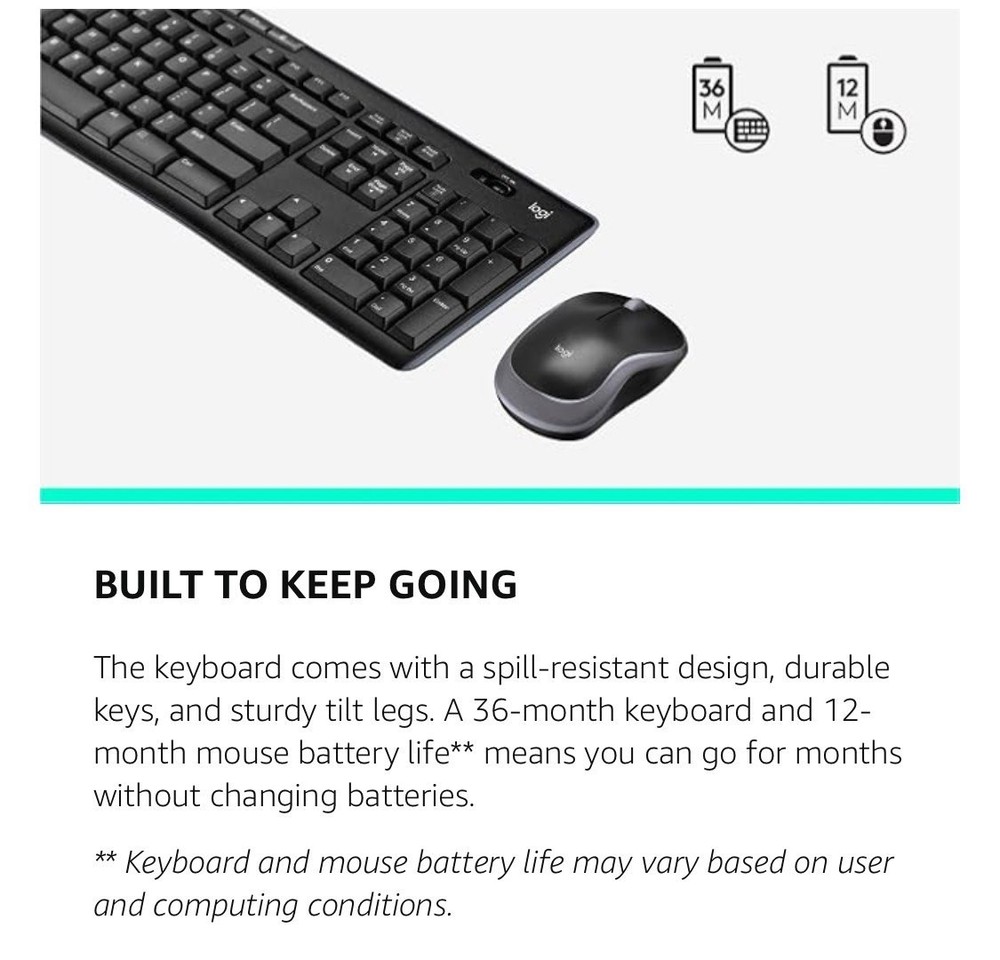 Logitech MK270 Wireless Keyboard & Mouse Combo, USB Receiver, Black