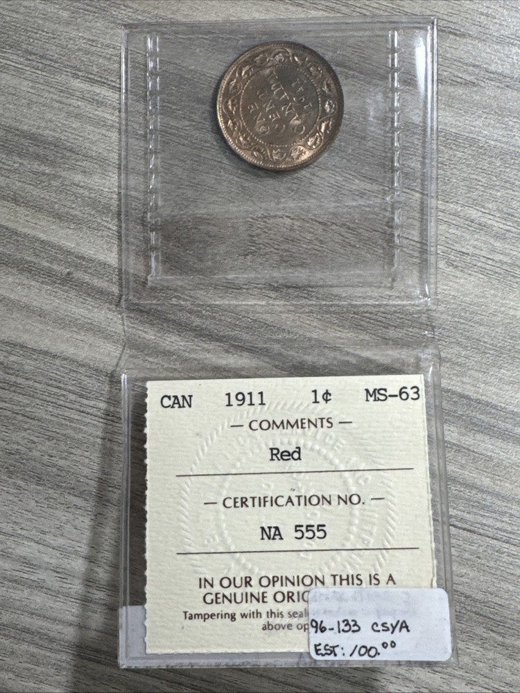 Canada 1911 1c Large Cent MS-63 RED, ICCS