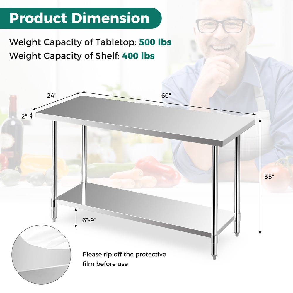 24'' x 60 '' Stainless Steel Work Table Kitchen Prep Work Table w/ wheels Silver