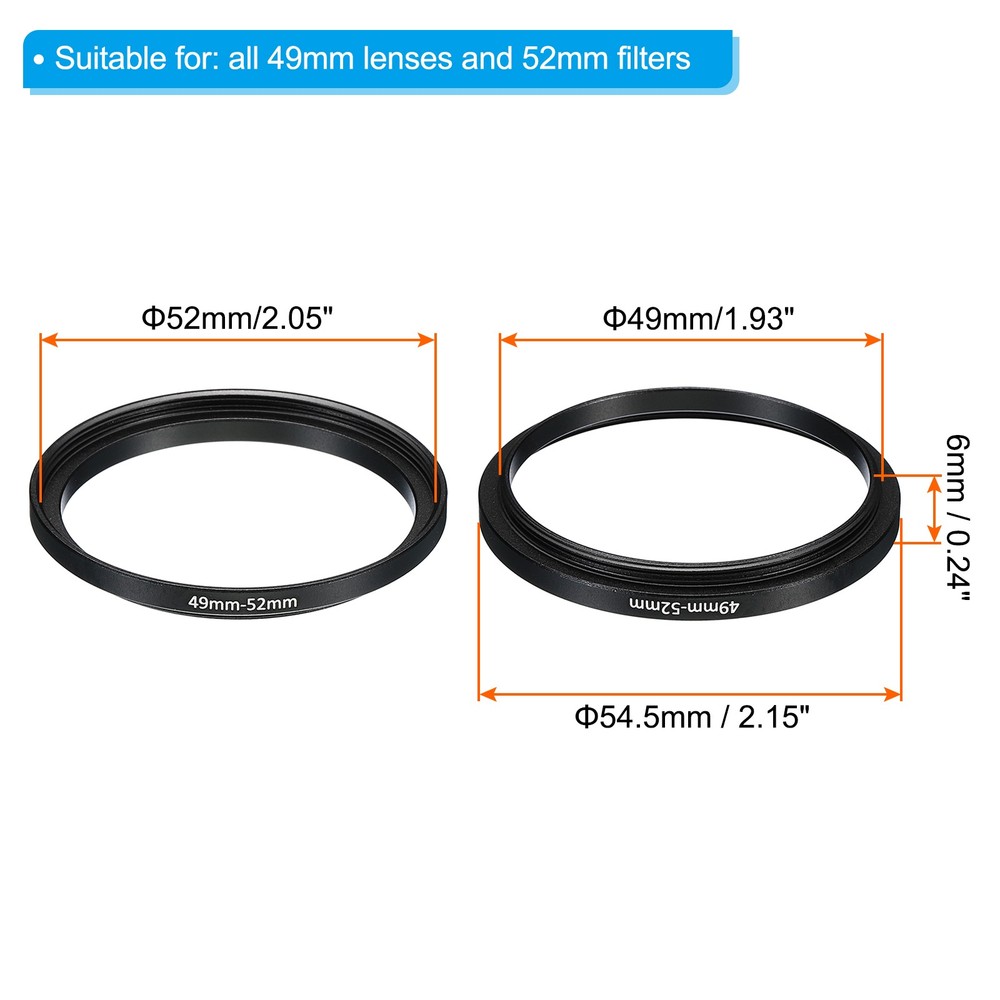 2Pcs 49mm-52mm Metal Step Up Ring Camera Lens Filter Adapter Ring Black