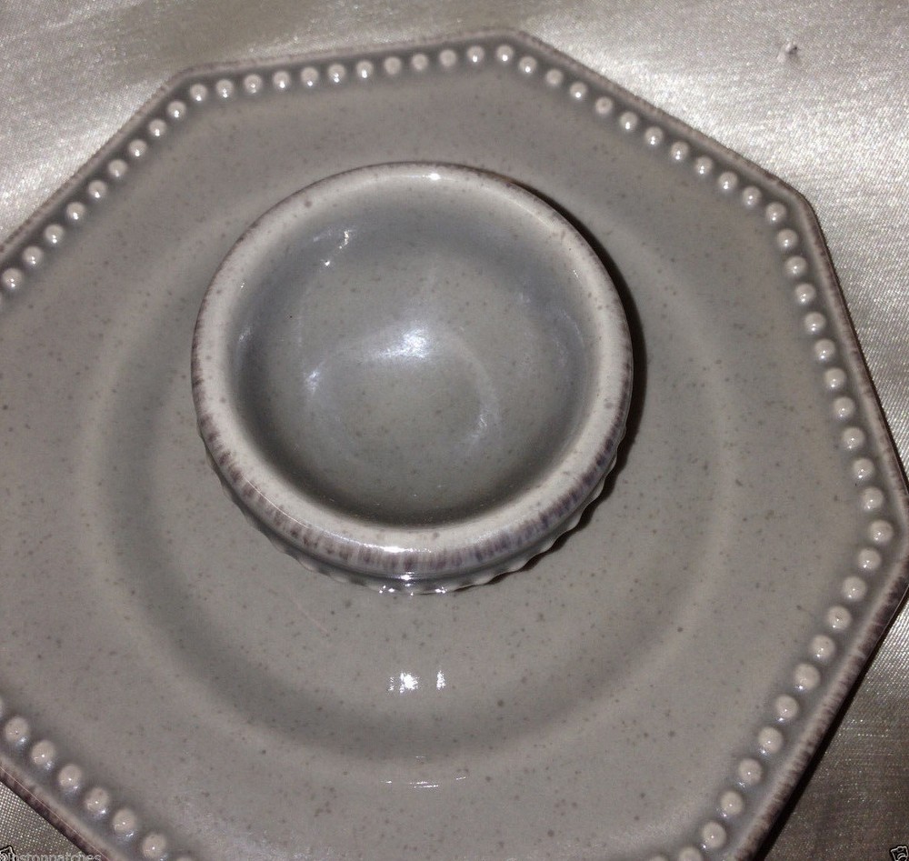 FOOD NETWORK "PROVENCE GREY" EGG CUP W/ ATTACHED SAUCER BEADED EDGE OCTAGONAL