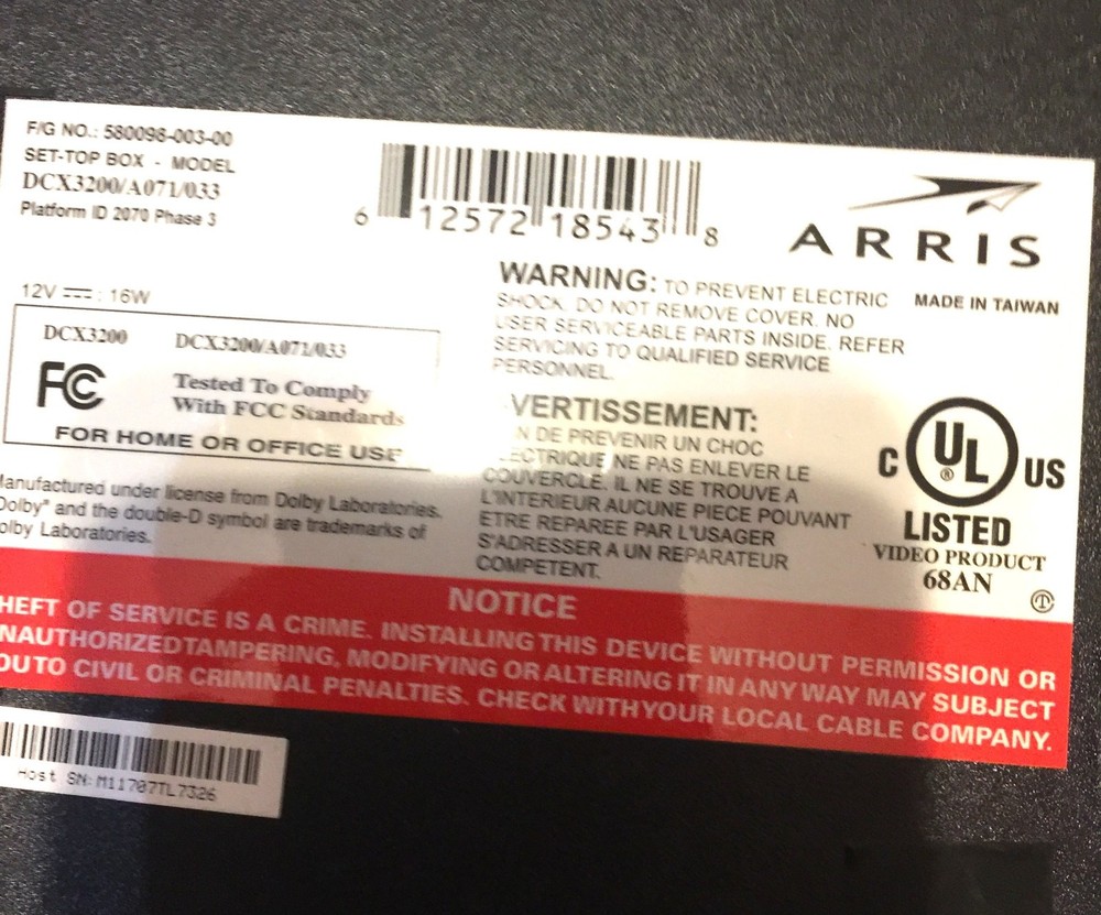 Arris DCX3200-M high-definition (HD) digital cable set-top box WORKING