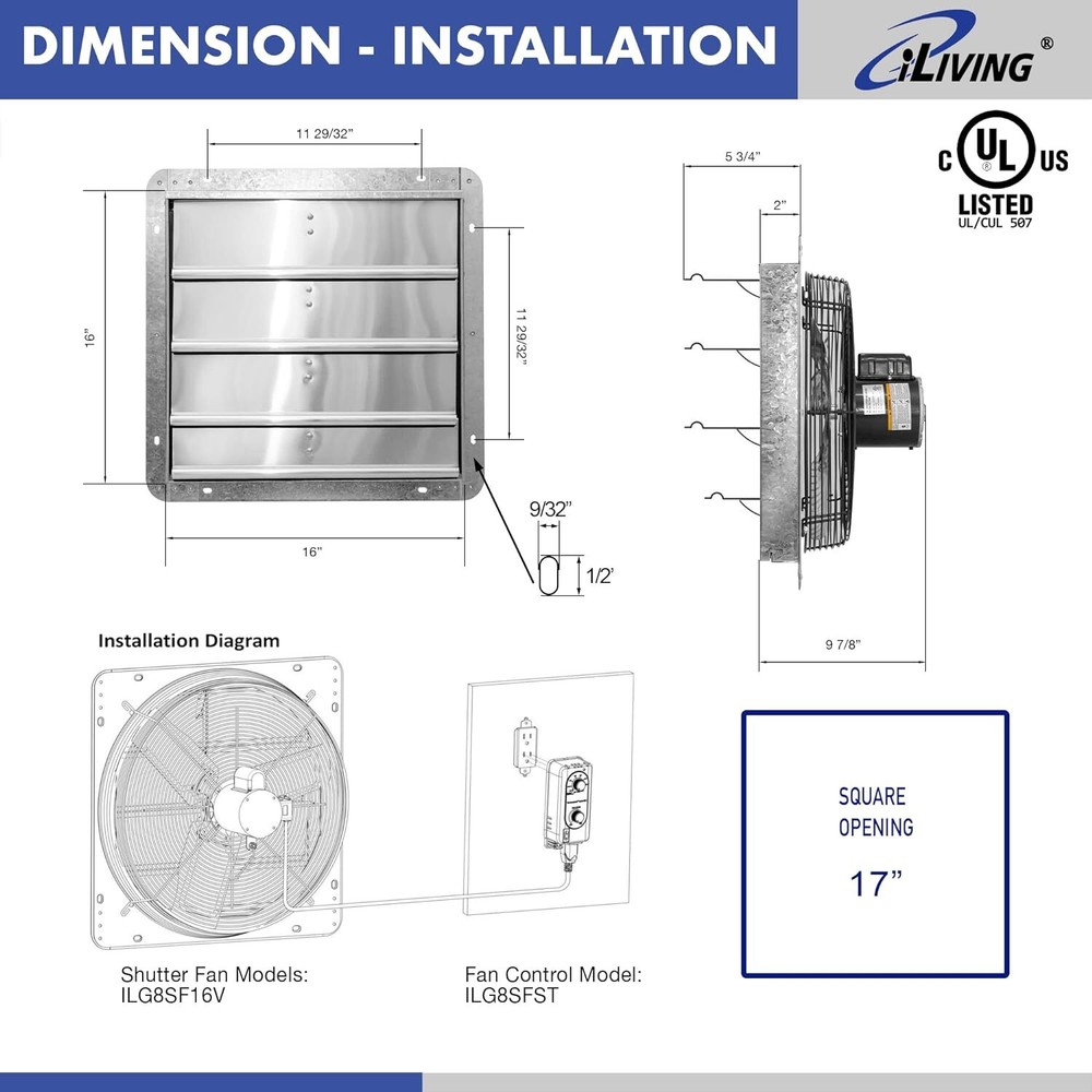 16" Wall Mounted Shutter Exhaust Fan, Automatic Shutter, with Thermostat
