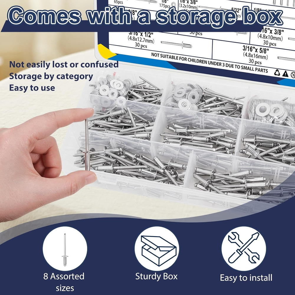 680Pcs Stainless Steel Pop Rivets Assortment Kit, 8 Sizes, Includes Washers