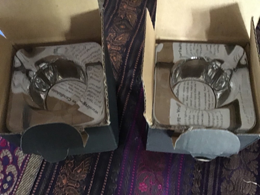 Orrefors pair NWT clear heavy lead crystal votive holders Goran Warff in boxes