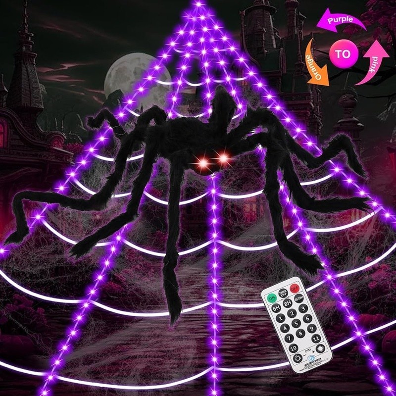 Giant Light Up Spider Web Remote Control Timer Realistic Spider Halloween Decor