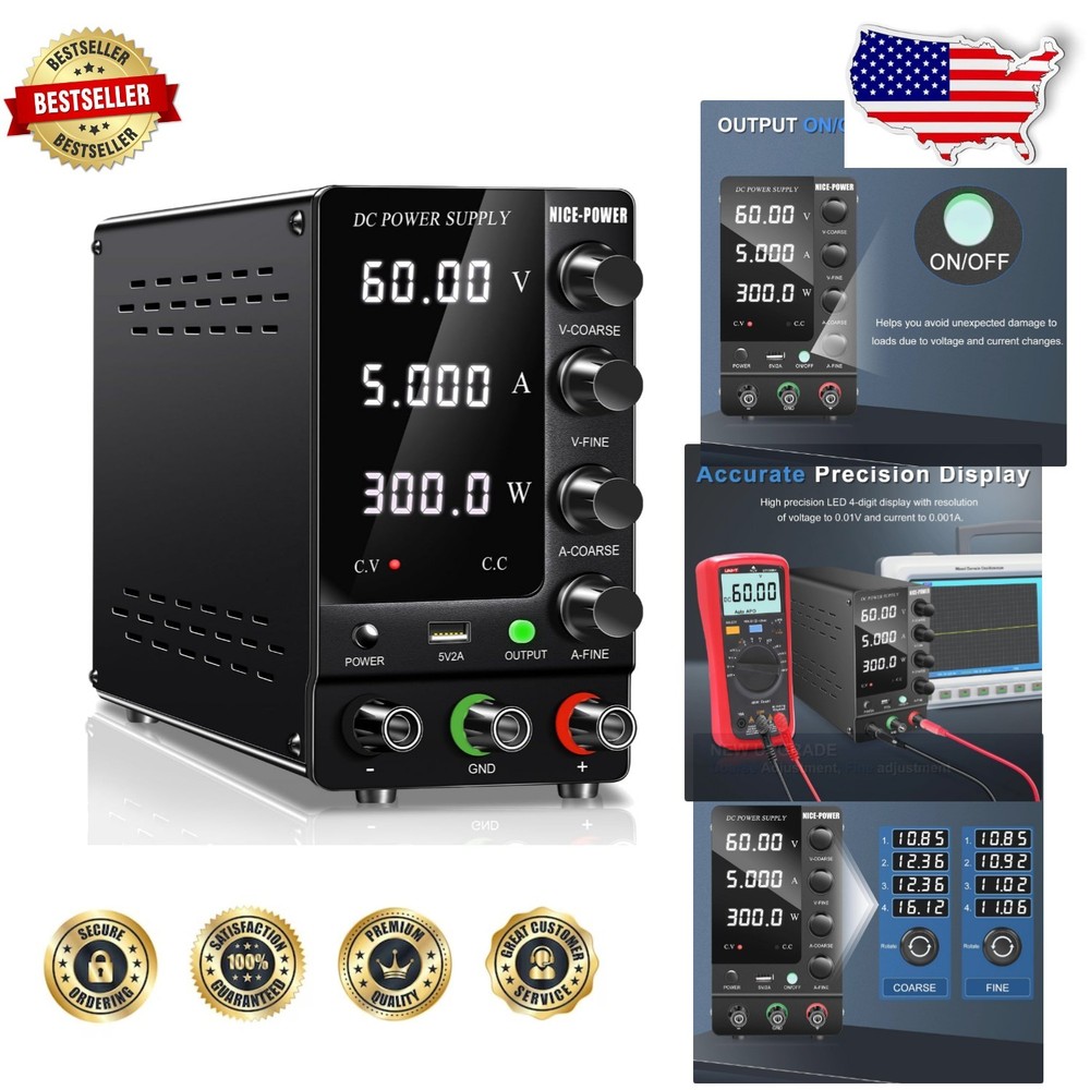 Variable 60V 5A Bench Power Supply: 300W Regulated w/ Output Switch