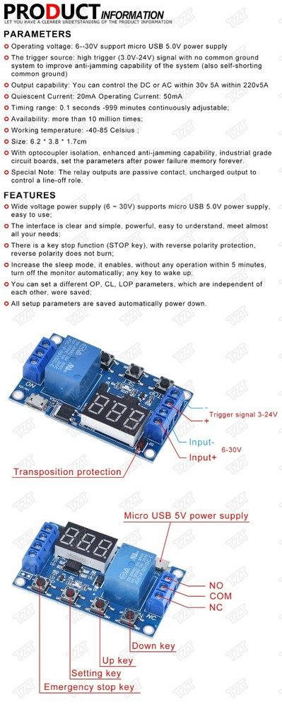 Digital LED Trigger Delay Cycle Timer Control Switch Relay Module Micro USB 5V