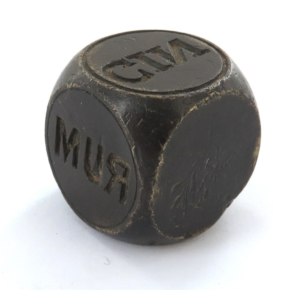 Antique / Very Unusual / Large Solid Metal Reversed Backwards "RUM & GIN" Dice