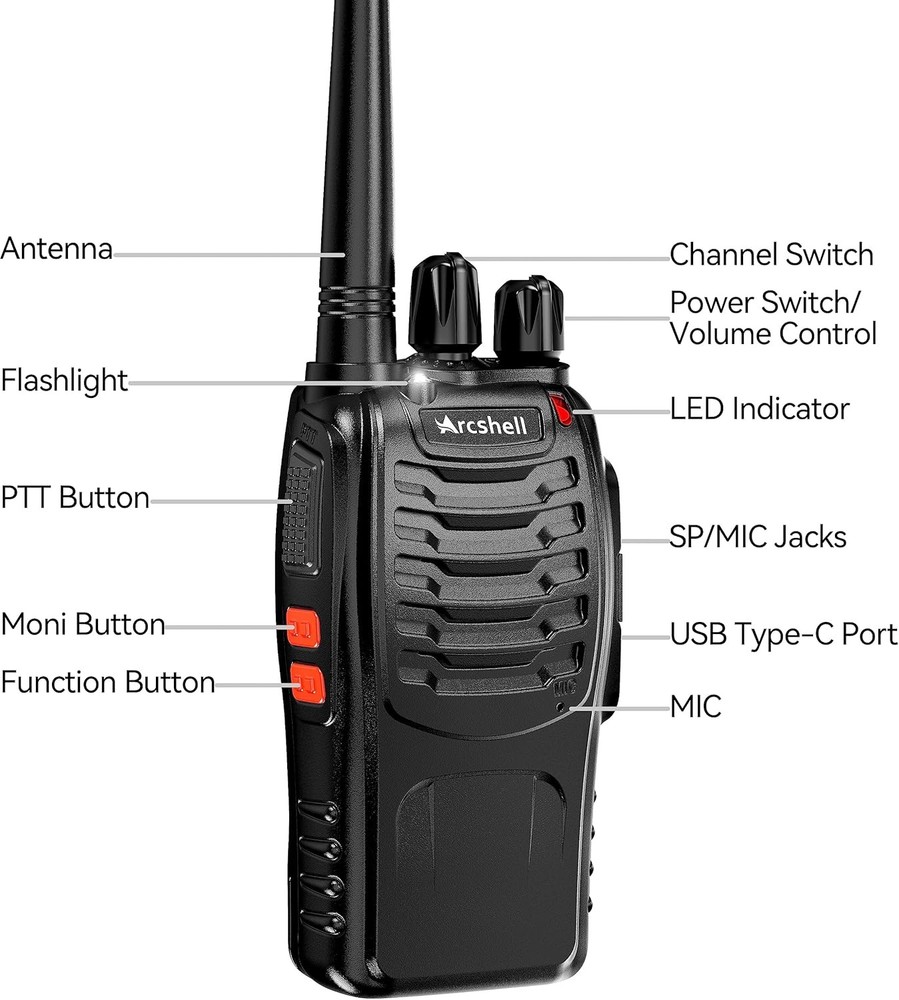 Rechargeable Long Range Two-Way Radios with Earpiece 4 Pack Arcshell Black