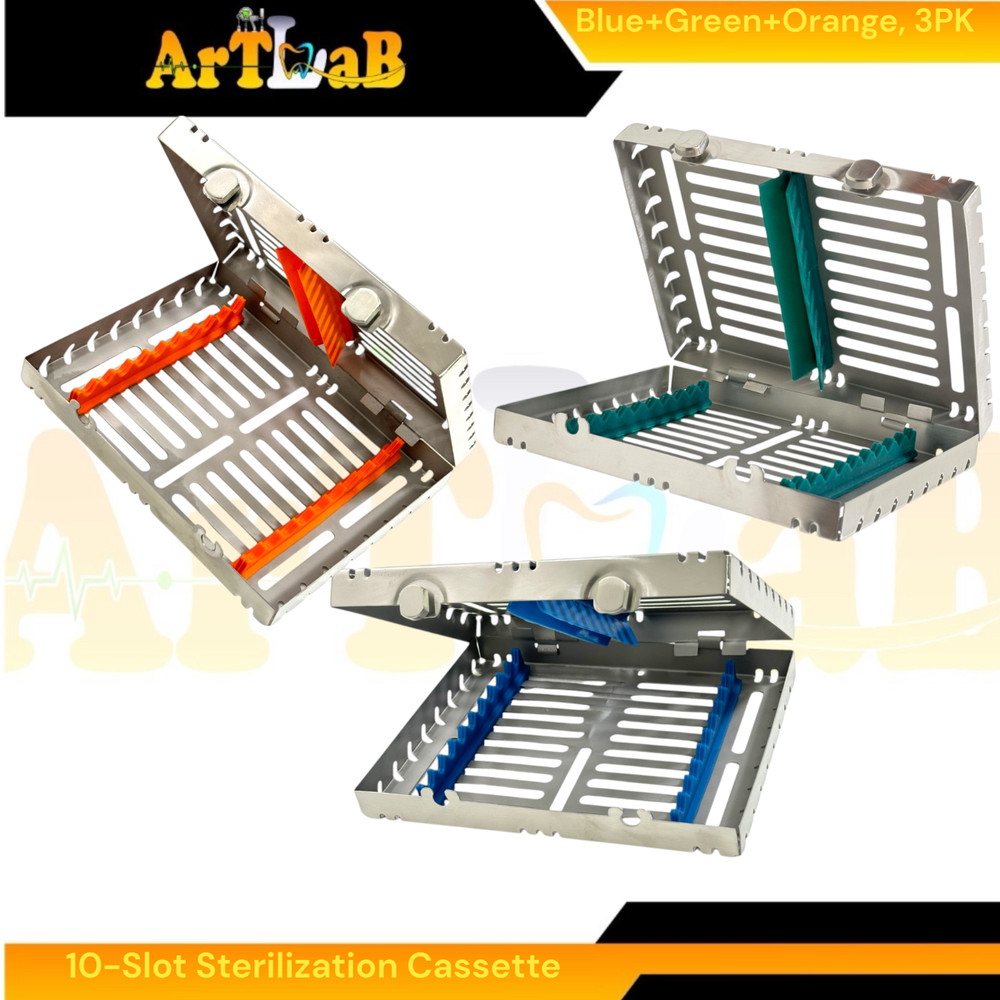 3pk Sterilization Cassettes with 10 Slots, Double-Button, Detachable, German