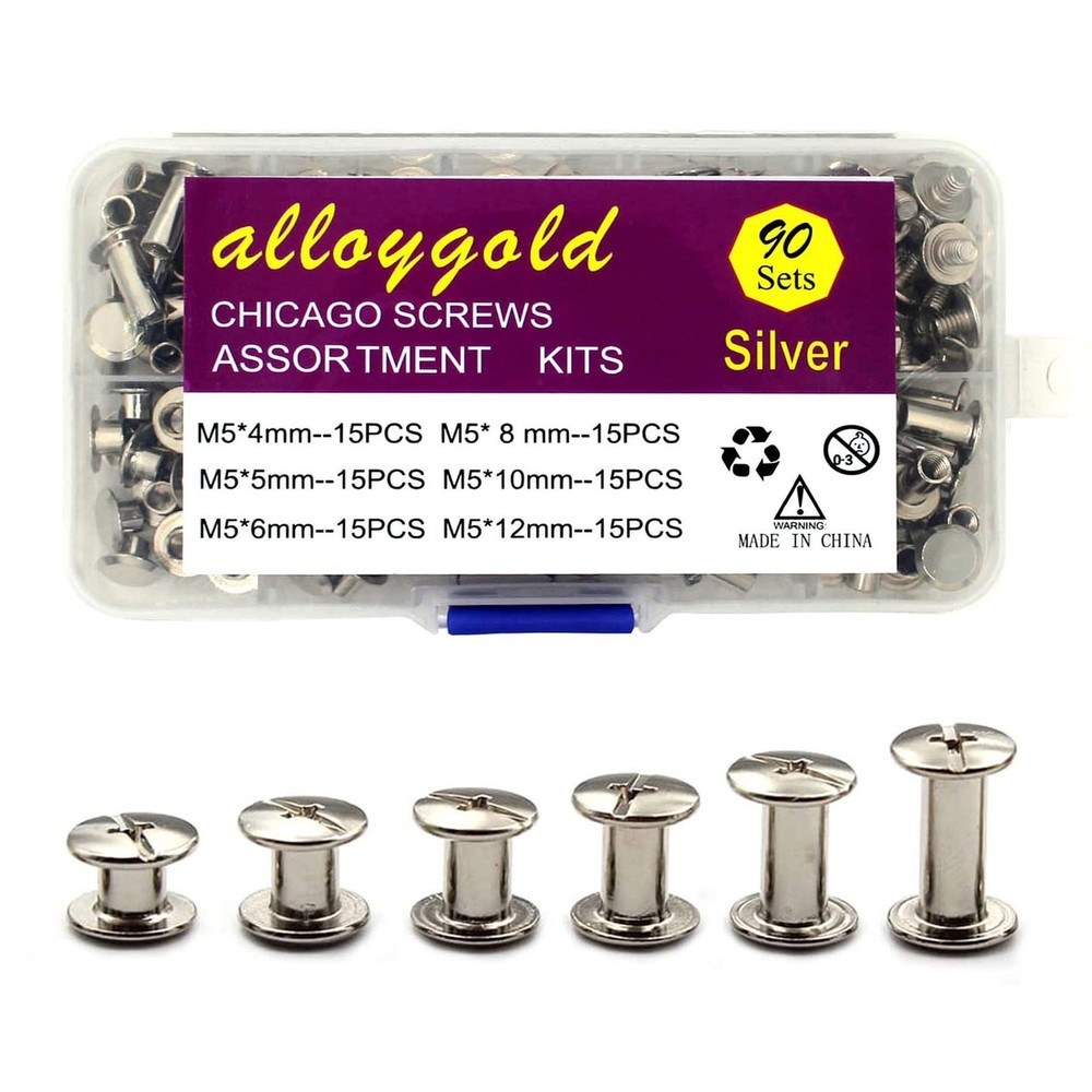 90 Sets Chicago Screws Leather Rivets Assorted Kit M5 6 Sizes Silver