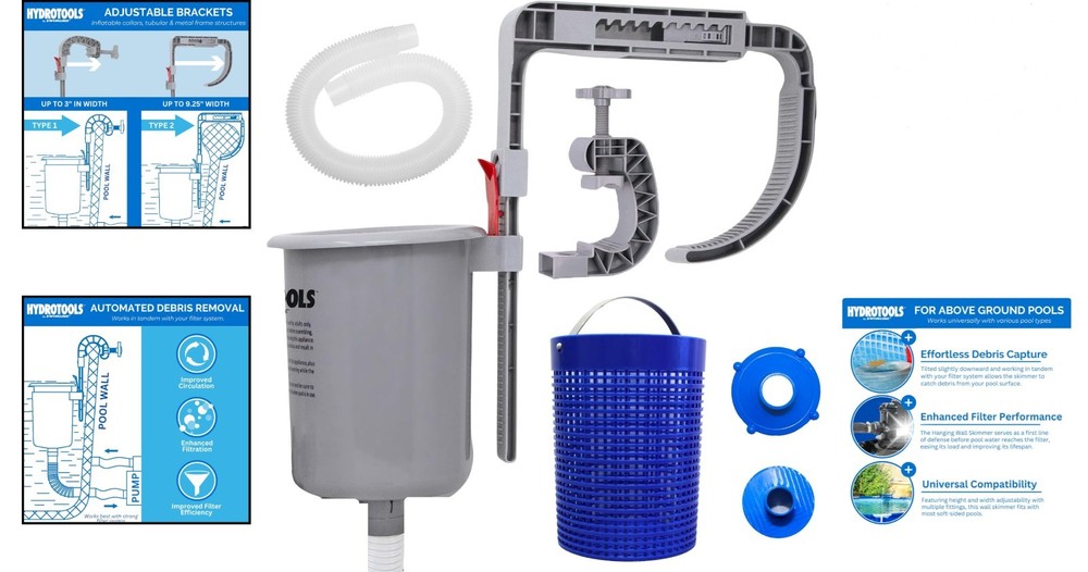 HYDROTOOLS Wall-Mounted Pool Surface Skimmer Kit - Effortless Automatic Cleaning