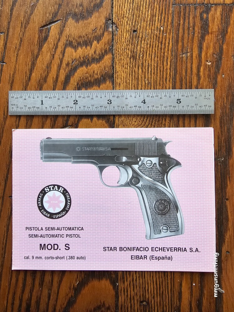 Star Model S .380 ACP manual/flyer. Multilingual. Original.