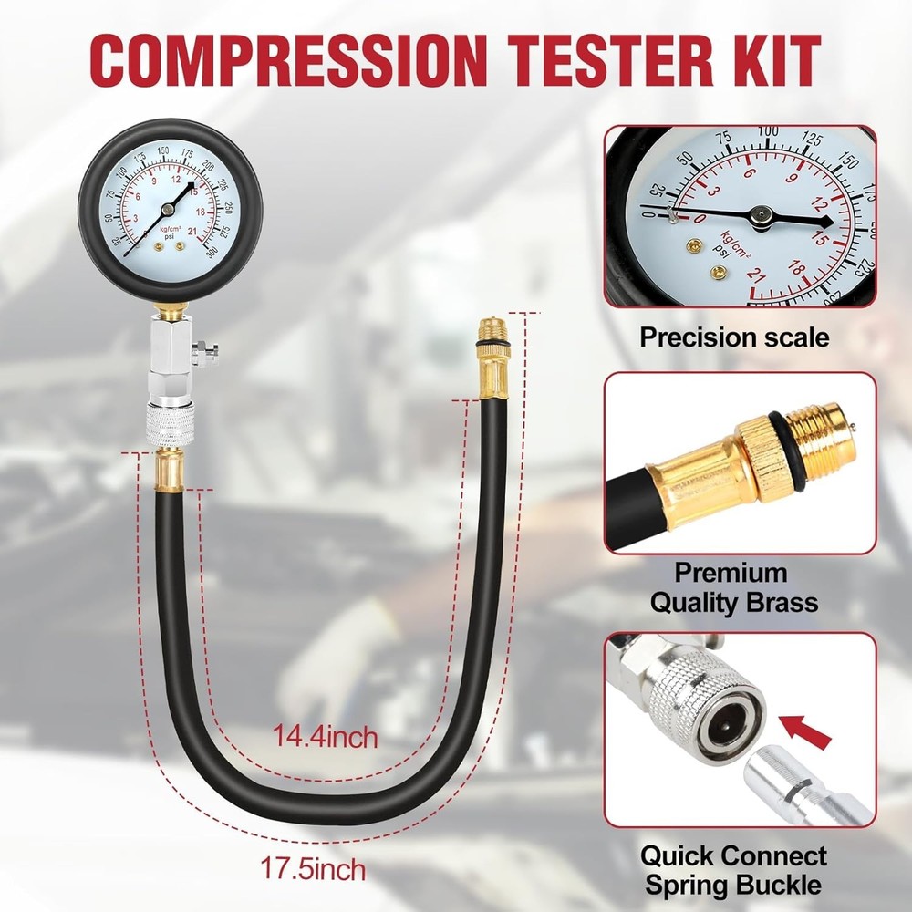 Versatile 9pcs Compression Tester & Spark Plug Tool - 300PSI for Auto/Motorcycle