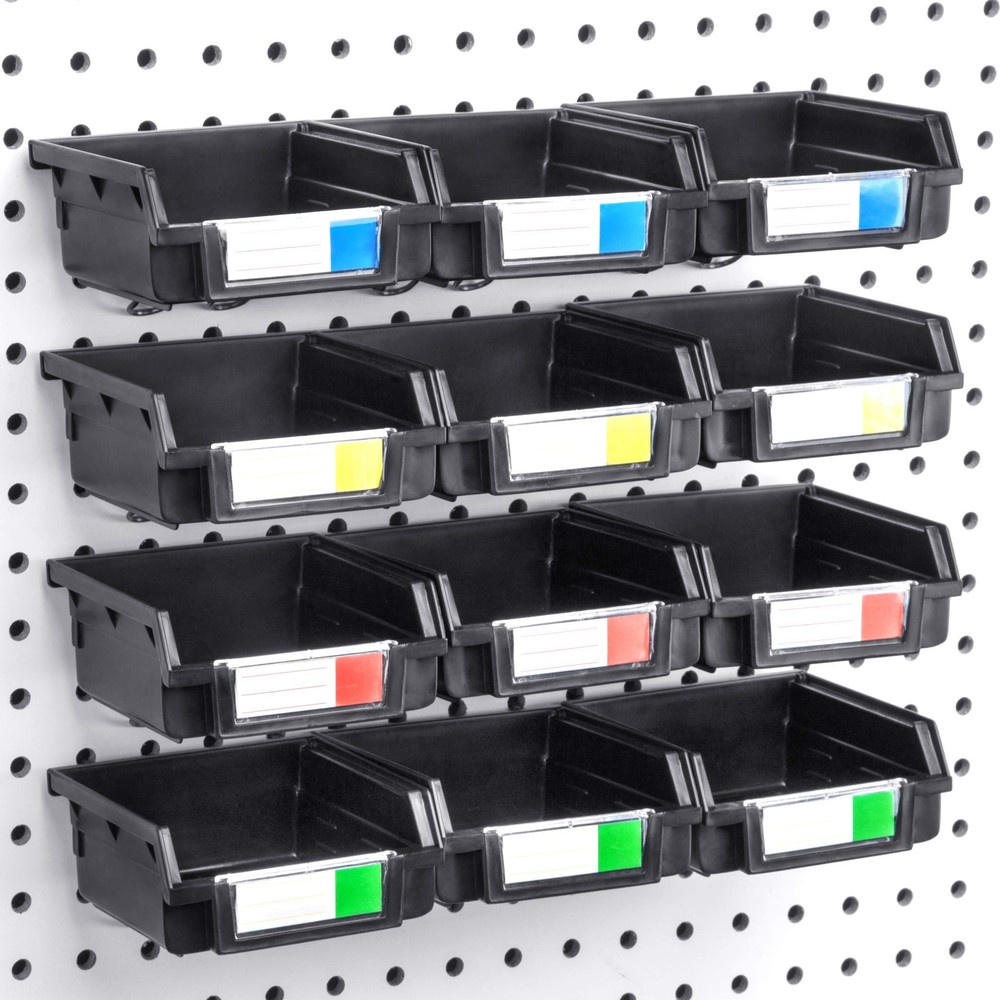 Pegboard Bins 12 Pack Black Hooks to Any Peg Board Organize Hardware, Accessorie