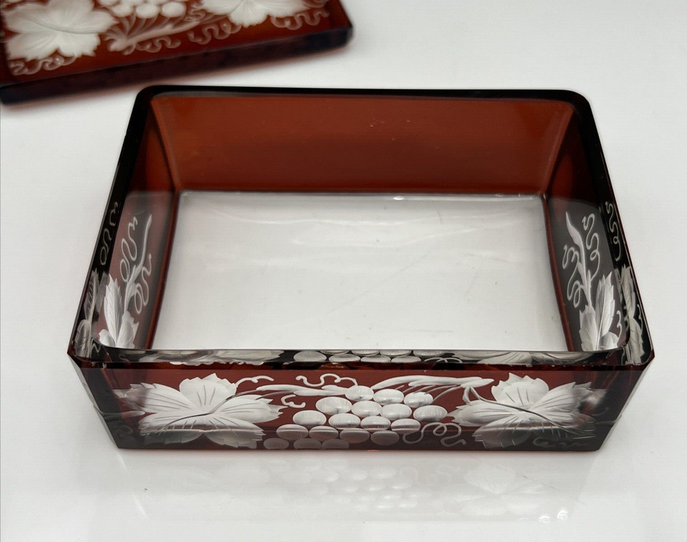 Vintage Ruby Stained Cut Glass Engraved Grape Vine Lidded Glass Cigarette Box