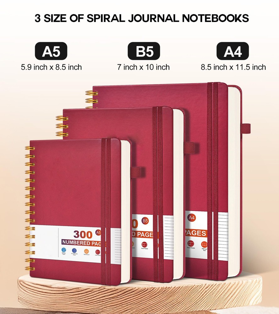 Leather Spiral Notebook, 300 Lined Pages, A5, Red