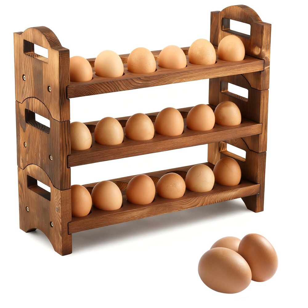 3Tier Wooden Egg Holder Countertop 36Hole Stackable Rack Fresh Eggs