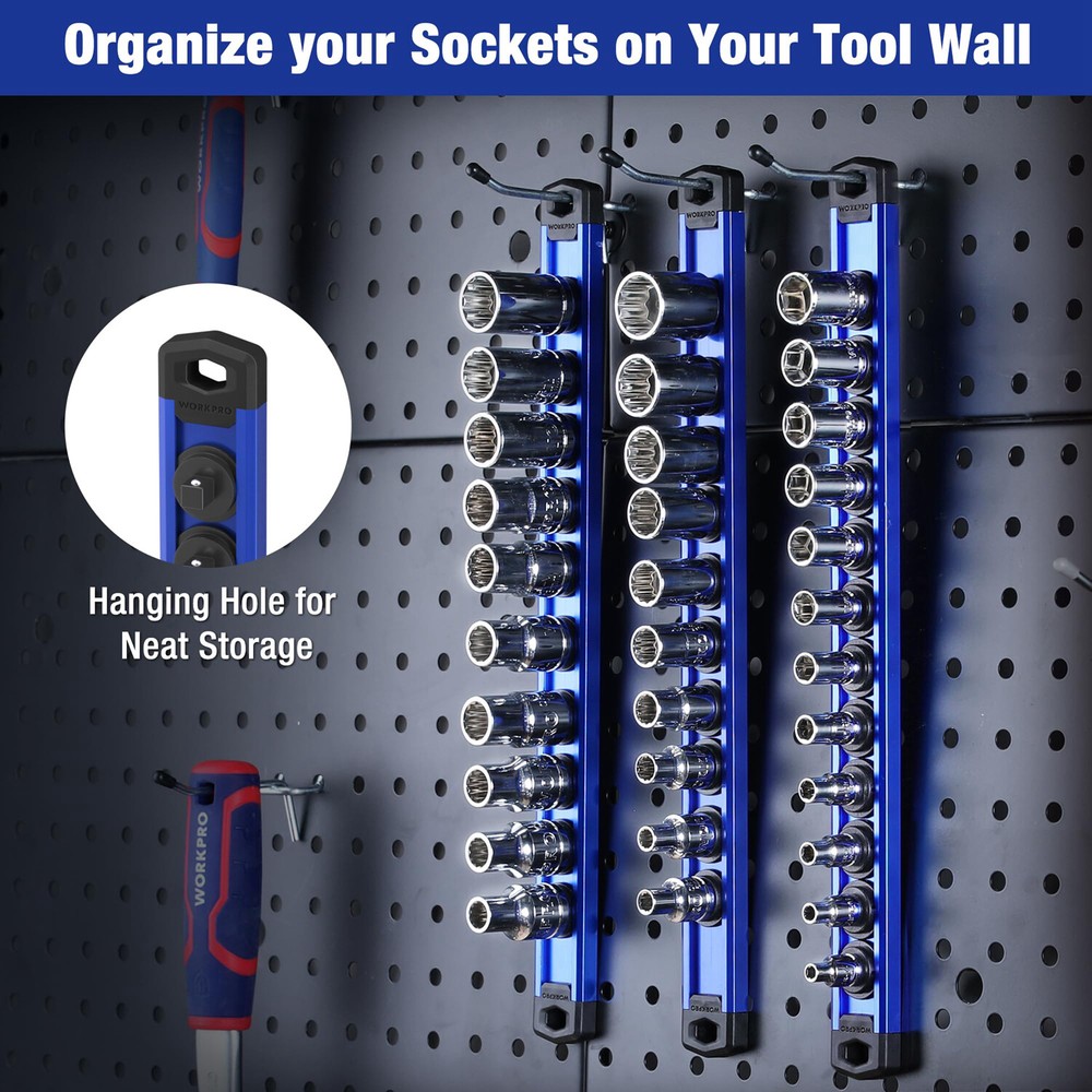 WORKPRO 3-PCS Magnetic Socket Organizer 1/4" 3/8" 1/2" Set Drive Socket Holder