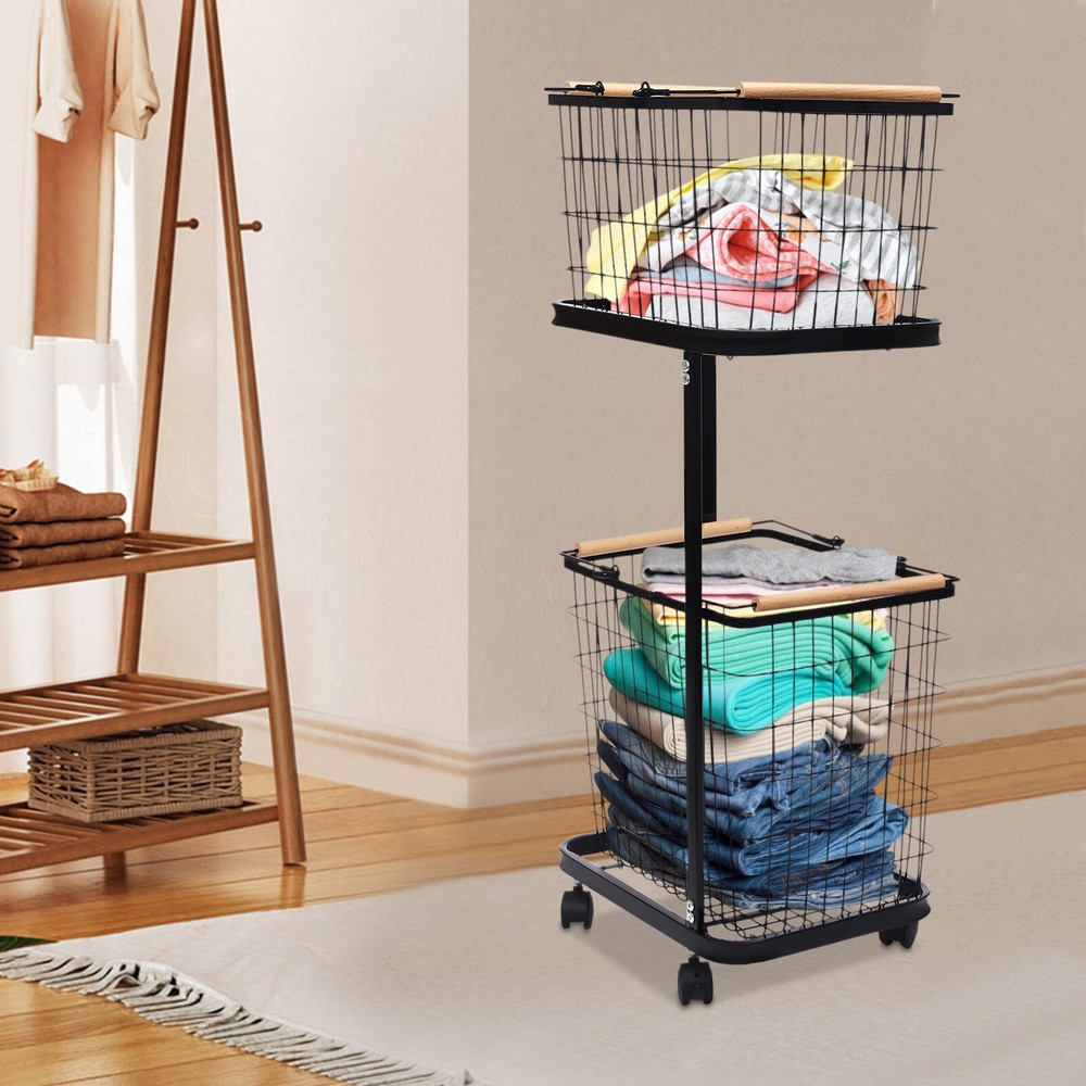 Black Metal Laundry Basket With Wheels 2-tier Laundry Basket Rectangular Iron