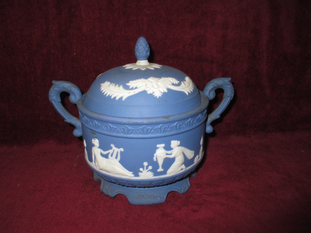 Antique Jasper Ware Neo Classical Figures Blue & White Cracker Jar with Handles